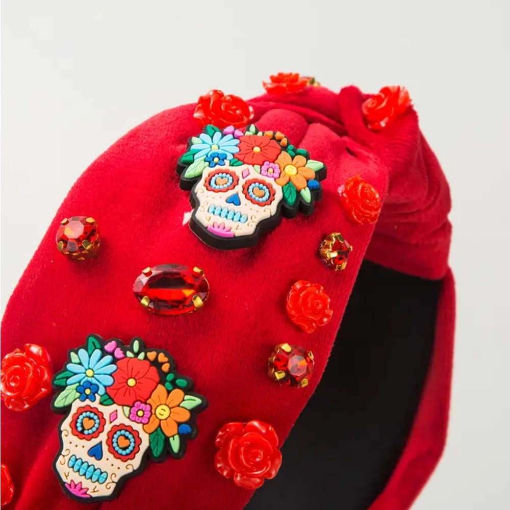 Red Sugar Skull Rhinestone Embellished Headband - Picture 2 of 6